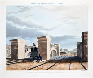 Vista, levado, de, a, ponte, sobre, a, canal, cidade camden, 1837, (hand, colorido, engraving)